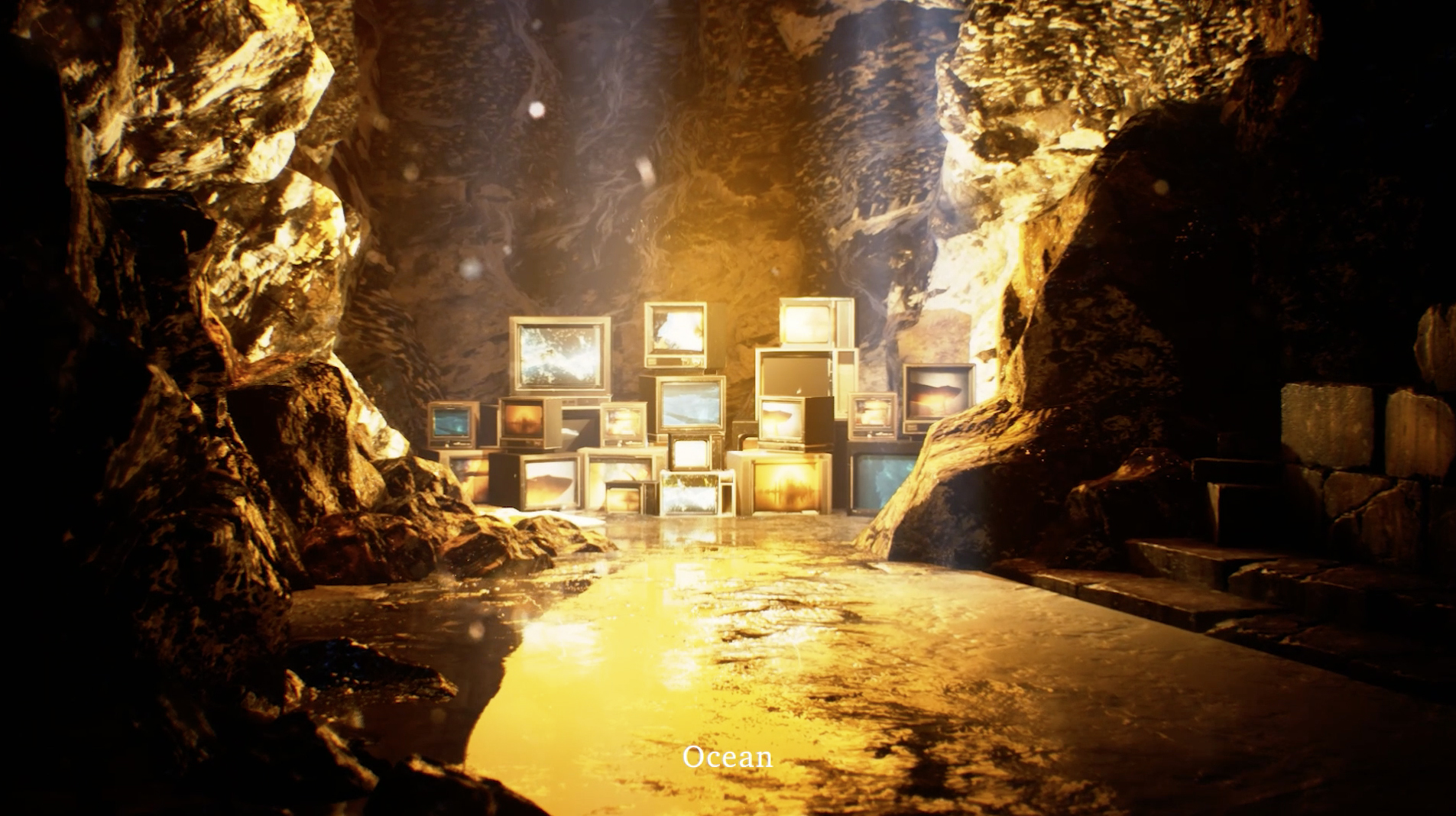 Still from a digital animation showing televisions in a cave with water
